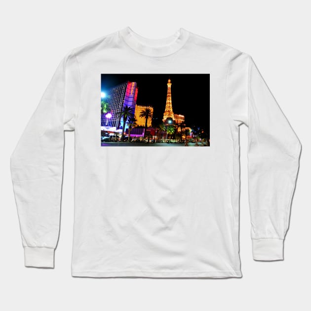 Eiffel Tower Paris and Ballys Hotel Las Vegas America Long Sleeve T-Shirt by AndyEvansPhotos